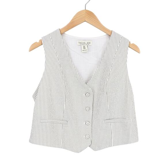 Rachel Zoe Seersucker Striped Button Down Vest White Charcoal Size 8 - Picture 1 of 8